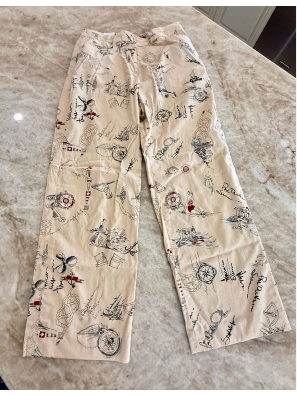Rene Lezard Wide Leg Pants Size 4 Beige, all over Nautical Print, luxury